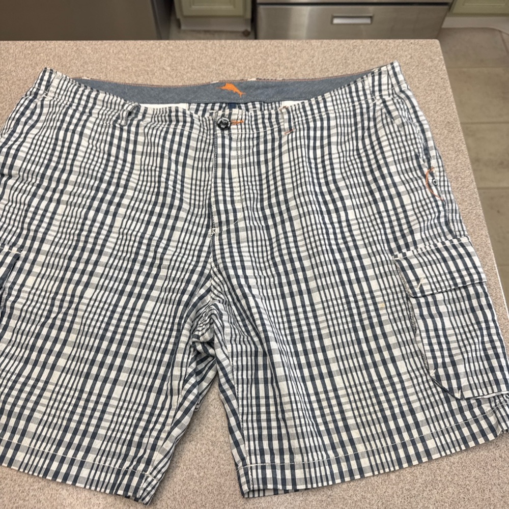 Tommy Bahama Striped cargo Detail Shorts in Navy & Cream with Orange Stitching